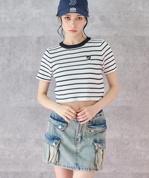 ANAP（アナップ） tシャツ 半袖 ミックスボーダー クロップド Tシャツ