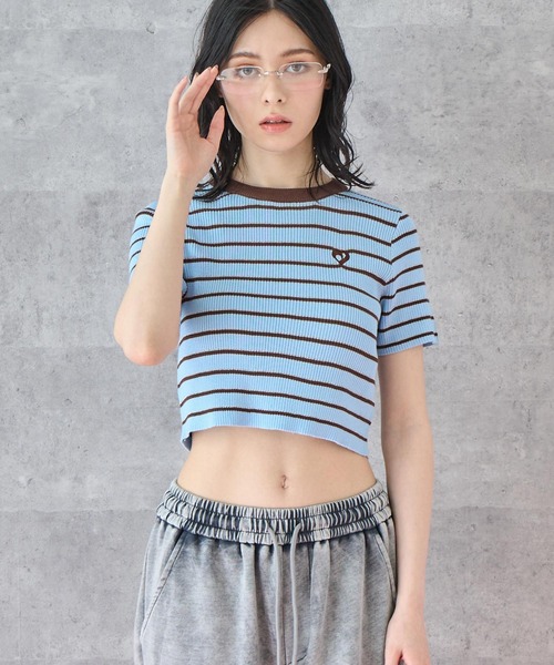 ANAP（アナップ） tシャツ 半袖 ミックスボーダー クロップド Tシャツ