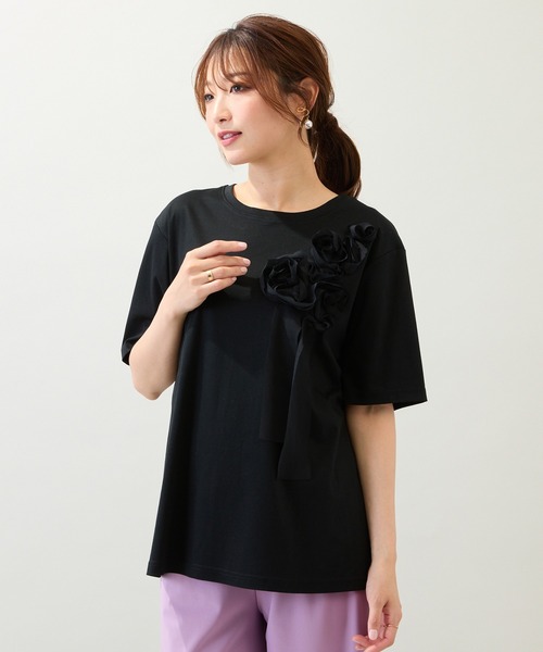 ローズティアラ（Rose Tiara）/【接触冷感/綿100/手洗いOK】巻きバラ刺繍カットソー Rose Tiara（ローズティアラ） tシャツ 「接触冷感/綿100%/手洗いOK