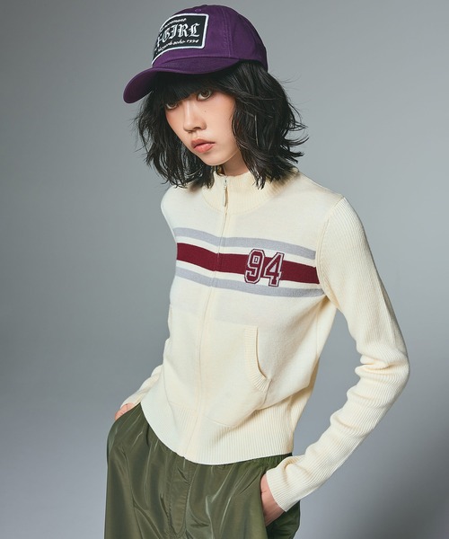 X-girl ニット セーター NUMBERING JACQUARD ZIP UP KNIT TOP