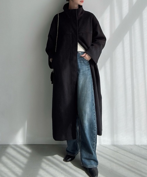 Meiru コート アウター スタンドカラーロングコート レディース