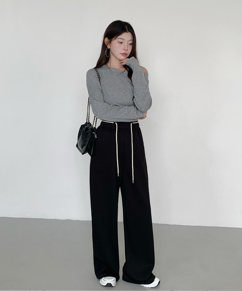 ワイドパンツ パンツ 「選べる丈」ダンボールニットドローストリング