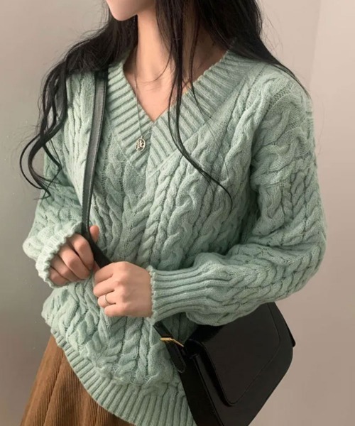 NANAHACHI ニット セーター ケーブル編み Vネックニット レディース