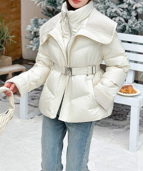 ダウンジャケット ベルト付き ダウンコート ダウンジャケット ベルト付きボアビックカラー中綿ダウン