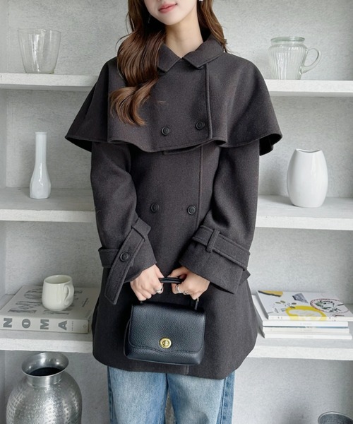 TREOVER ステンカラーコート コート ケープで魅せる2wayミドルコート