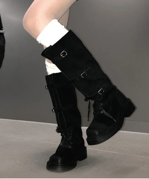 ブラックデザイン厚底メタルブーツ Y2K ロングブーツ ブラックデザイン厚底メタルブーツ Y2K ロングブーツ 24.5cm