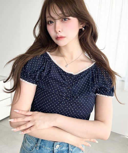 moment+ ヘンリーネック tシャツ 半袖 フロントギャザーヘンリーネック