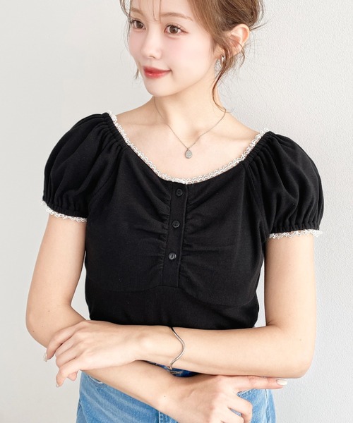moment+ ヘンリーネック tシャツ 半袖 フロントギャザーヘンリーネック