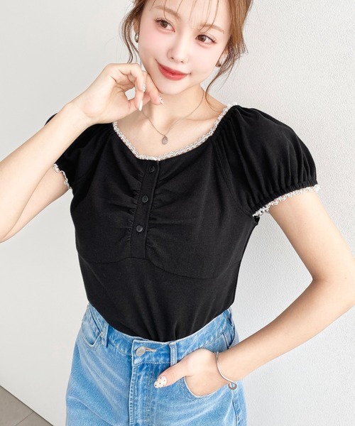 moment+ ヘンリーネック tシャツ 半袖 フロントギャザーヘンリーネック