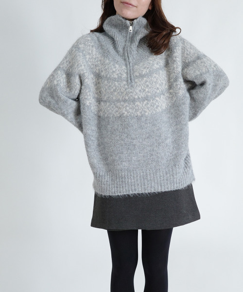 ニット セーター ハーフジップ ノルディック柄 プルオーバーニット