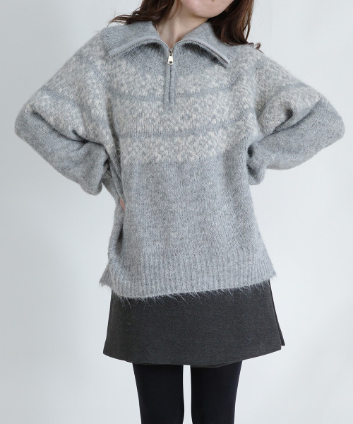 ニット セーター ハーフジップ ノルディック柄 プルオーバーニット