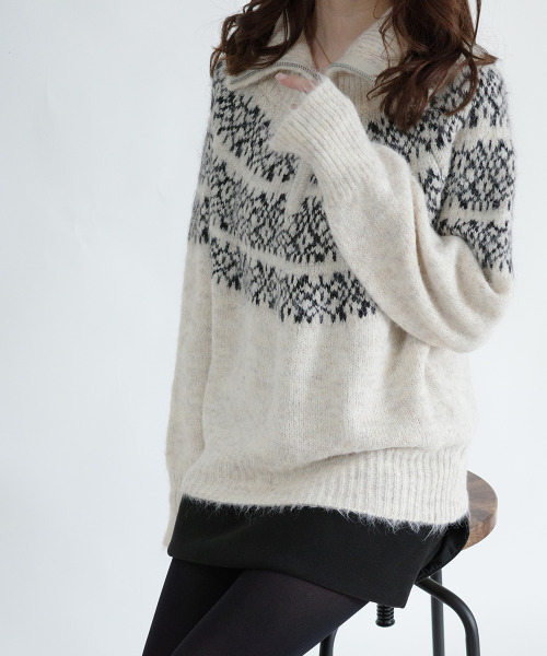 ニット セーター ハーフジップ ノルディック柄 プルオーバーニット