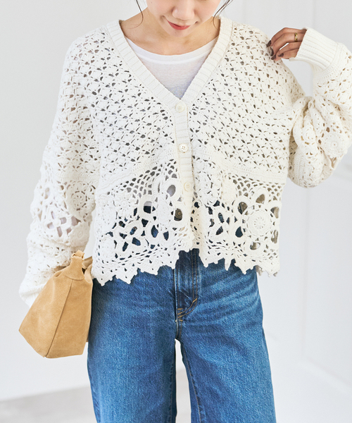 U by SPICK&SPAN ローゲージケーブルカーディガン Spick＆Span（スピック アンド スパン） カーディガン カギ針
