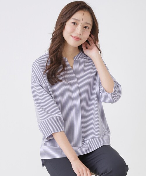 tシャツ 「手洗い可／日本製」ストライプ柄ジャージートップス レディースの画像