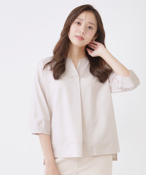 tシャツ 「手洗い可／日本製」ストライプ柄ジャージートップス レディースの画像