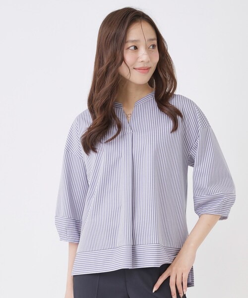 tシャツ 「手洗い可／日本製」ストライプ柄ジャージートップス レディースの画像