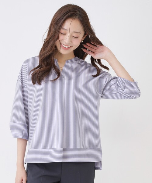 tシャツ 「手洗い可／日本製」ストライプ柄ジャージートップス レディースの画像