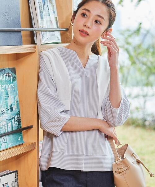 tシャツ 「手洗い可／日本製」ストライプ柄ジャージートップス レディースの画像