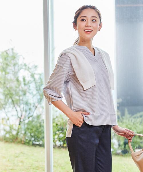 tシャツ 「手洗い可／日本製」ストライプ柄ジャージートップス レディースの画像