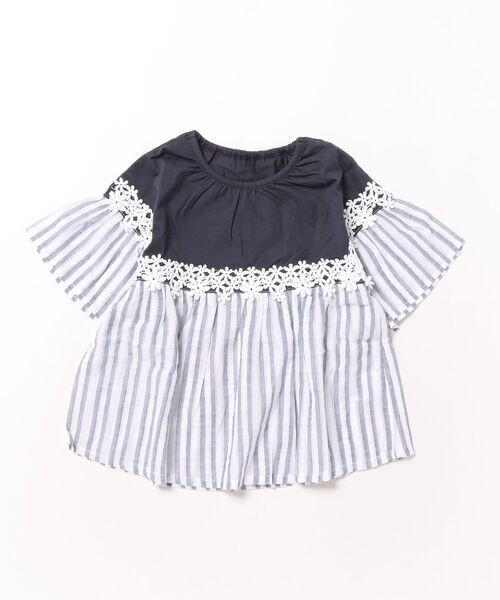 チュニック 先染めレースストライプチュニックブラウス キッズ 子供服 女の子の画像
