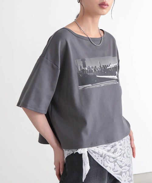 レディース 半袖Tシャツ チャコールグレー フォトプリント for/c（フォーシー） tシャツ 半袖 ショート丈フォトプリントTシャツ