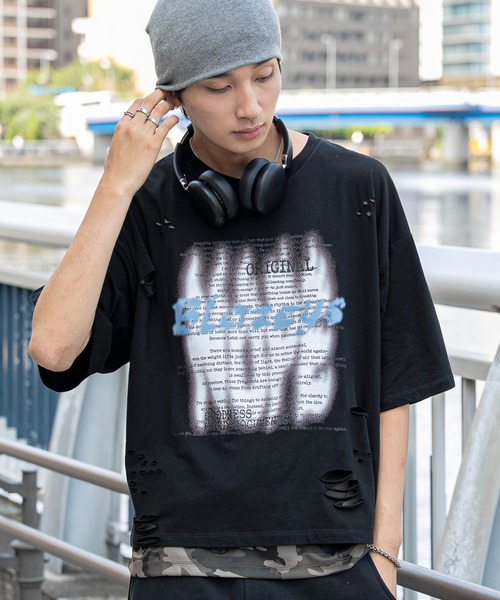 Jent Louis メッシュレイヤードTシャツ ブラック WEGO（ウィゴー） tシャツ WEGO/接触冷感メッシュレイヤードダメージT