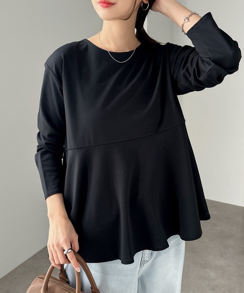 andme tシャツ きれいめポンチ長袖ペプラムフレアトップス