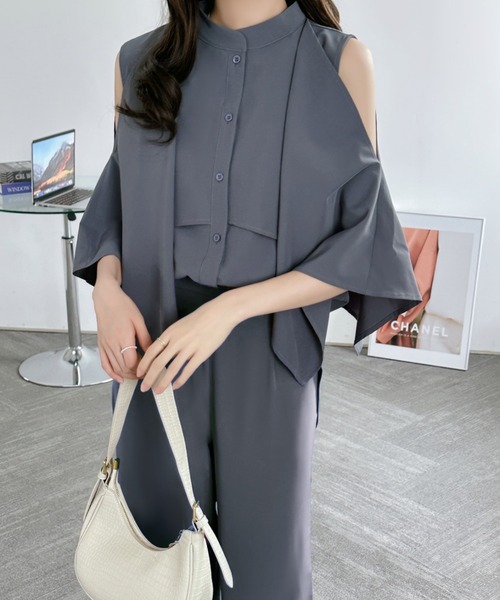 emi+ セットアップ ケープデザインラッフルカラーシャツパンツ