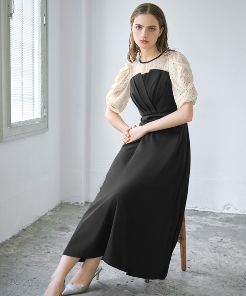 リボン取り外し可能　オケージョンドレス　ワンピース　パーティードレス GIRL DRESS FOR NOW ドレス ドットシフォンビスチェ風レース