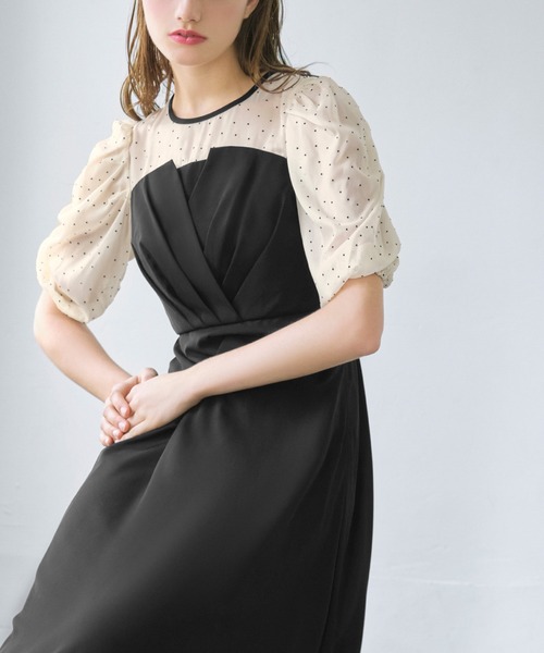 リボン取り外し可能　オケージョンドレス　ワンピース　パーティードレス GIRL DRESS FOR NOW ドレス ドットシフォンビスチェ風レース