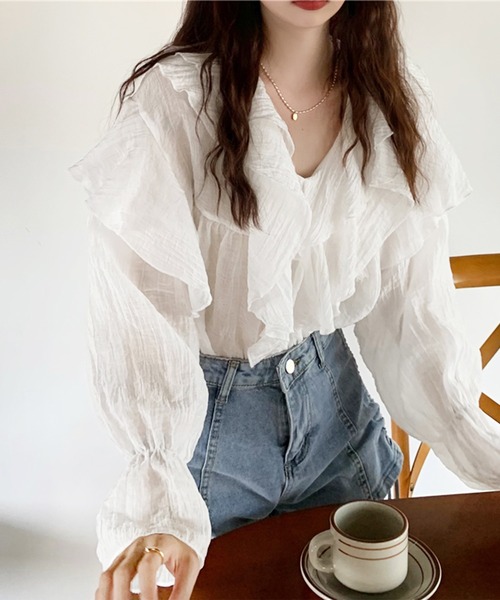 ブラウス シャツ シアーフリルVネックプルオーバーブラウス レディース