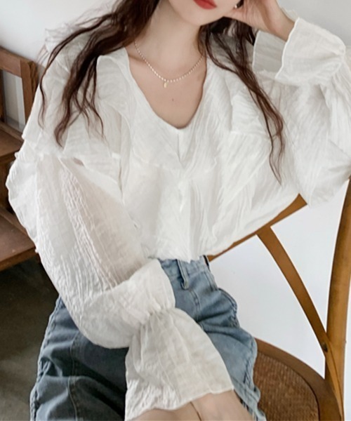 ブラウス シャツ シアーフリルVネックプルオーバーブラウス レディース