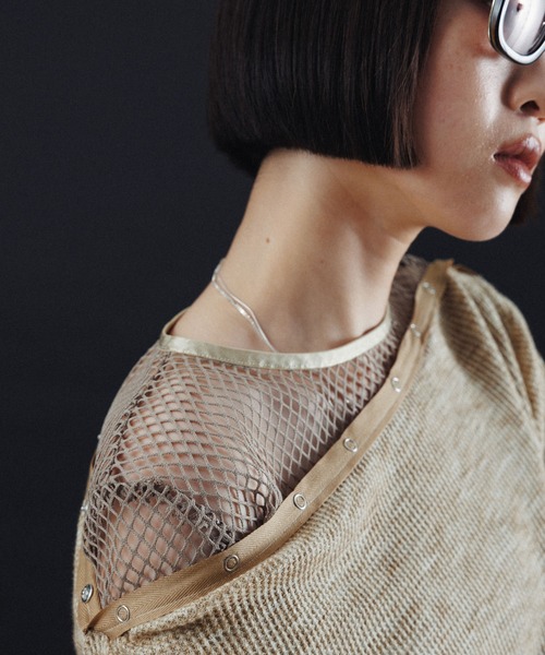 abeundmor EYELET WAFFLE TOPS【GREY】 Glitter Waffle Mock Neck Long Sleeve Cinched Bottom Top