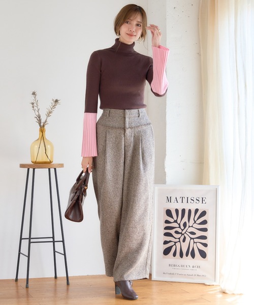 ニット セーター 配色フレアスリーブリブニット フレアスリーブ バイ