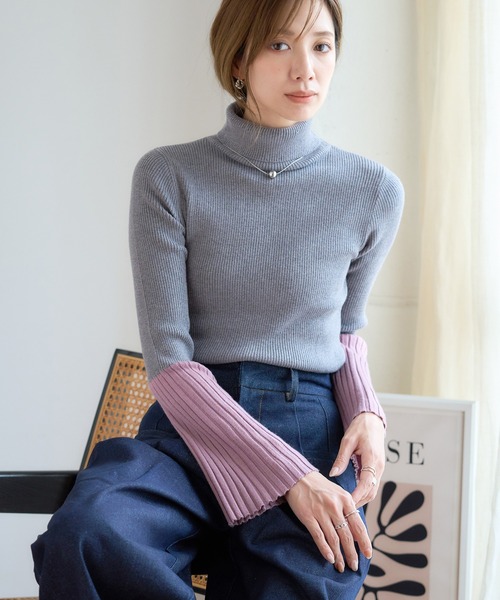 01903-3 Drawer タートルネック　ベルスリーブニット　カシミヤ 18G カシミヤシルクリブタートルニット