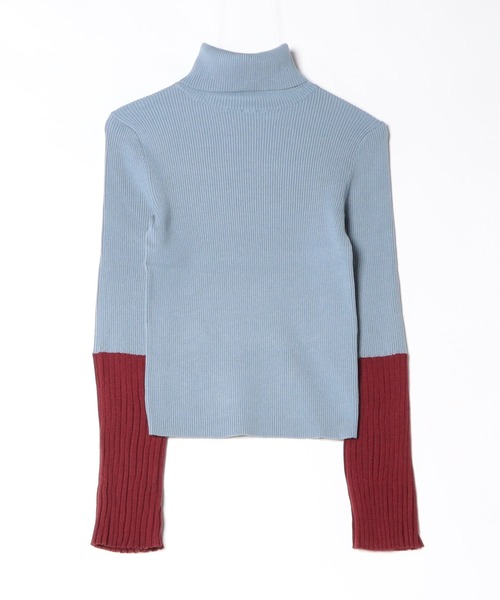 新品★ソブ ワイド リブ編み ニット ベルスリーブ ハイネック 水色 38 ニット セーター 配色フレアスリーブリブニット フレアスリーブ バイ