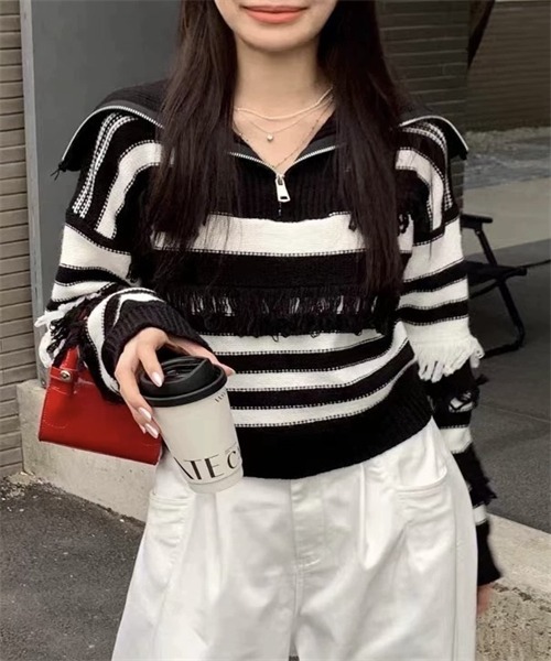 ニット セーター 配色フリンジプルオーバー レディース ELFRANK ニット セーター ショート丈メッシュ透かし編みニット