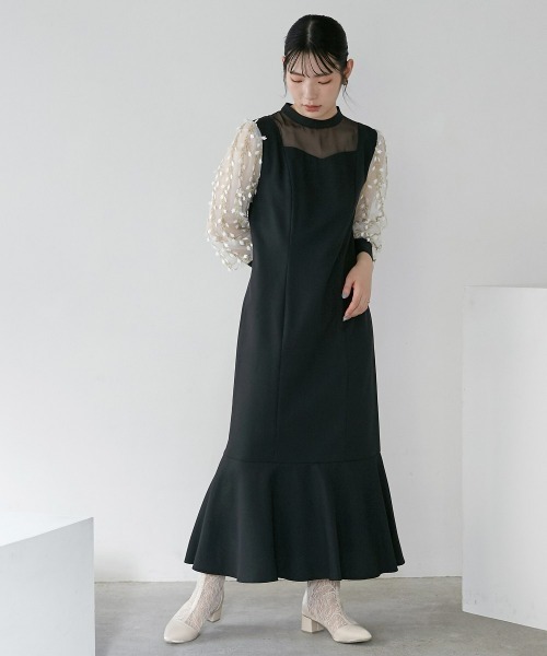 Callarus ドレス 袖チュール使い裾切替デザインワンピースドレス