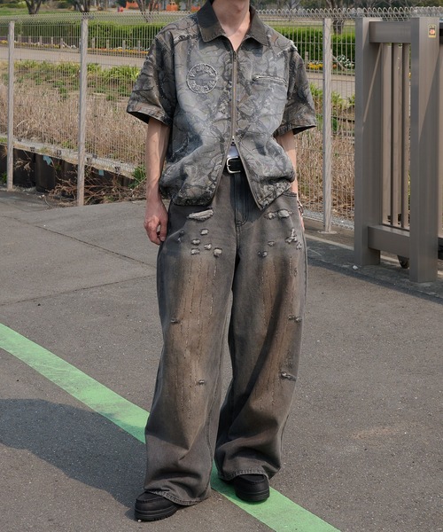 た※4/6 UNKNOWNWORLD ウォッシュドダメージジーンズカーキM Perushu ジーンズ vintage like mud damage denim ビンテージライク泥