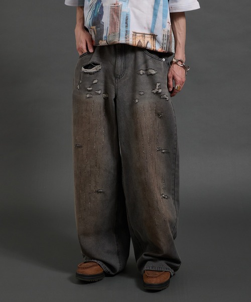 【グランジ】MICHINNYON Vintage加工ダメージウォッシュドデニム 4size 】ヘビークラッシュサイドダメージブラックヴィンテージ