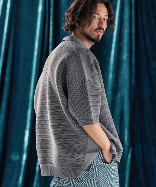 ポロシャツ mhs2321-Skipper design airy yarn ＆ mesh knitted polo shirt ニットポロシャツ メ