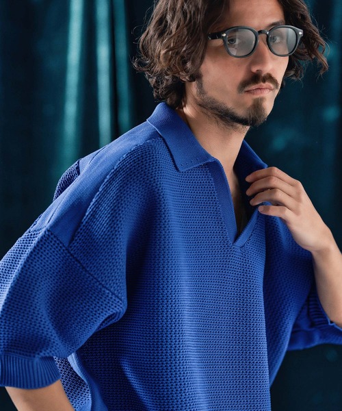 ポロシャツ mhs2321-Skipper design airy yarn ＆ mesh knitted polo shirt ニットポロシャツ_2