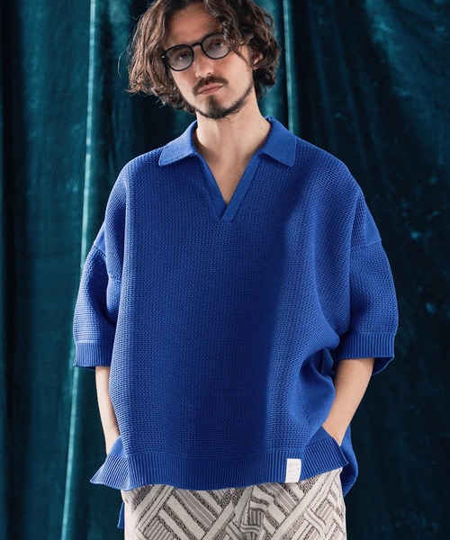 ポロシャツ mhs2321-Skipper design airy yarn ＆ mesh knitted polo shirt ニットポロシャツ_3
