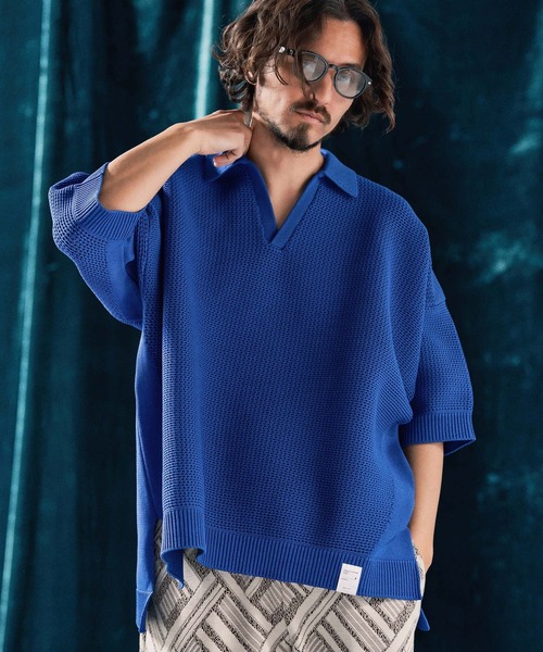 ポロシャツ mhs2321-Skipper design airy yarn ＆ mesh knitted polo shirt ニットポロシャツ_5
