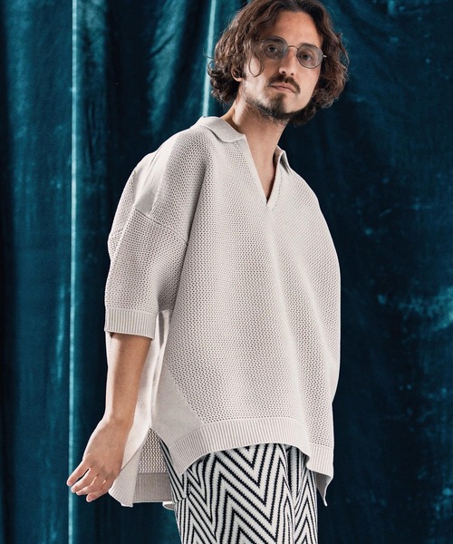 ポロシャツ mhs2321-Skipper design airy yarn ＆ mesh knitted polo shirt ニットポロシャツ_9