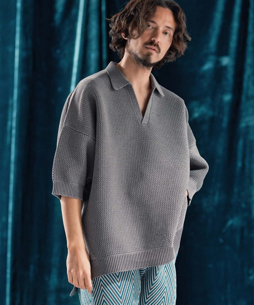 ポロシャツ mhs2321-Skipper design airy yarn ＆ mesh knitted polo shirt ニットポロシャツ_14