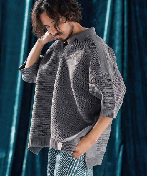 ポロシャツ mhs2321-Skipper design airy yarn ＆ mesh knitted polo shirt ニットポロシャツ_15