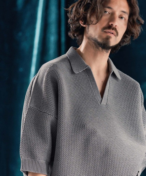 ポロシャツ mhs2321-Skipper design airy yarn ＆ mesh knitted polo shirt ニットポロシャツ_16