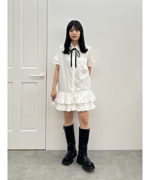 jouetie ワンピース リボンタイヘムフリルチュニックシャツ