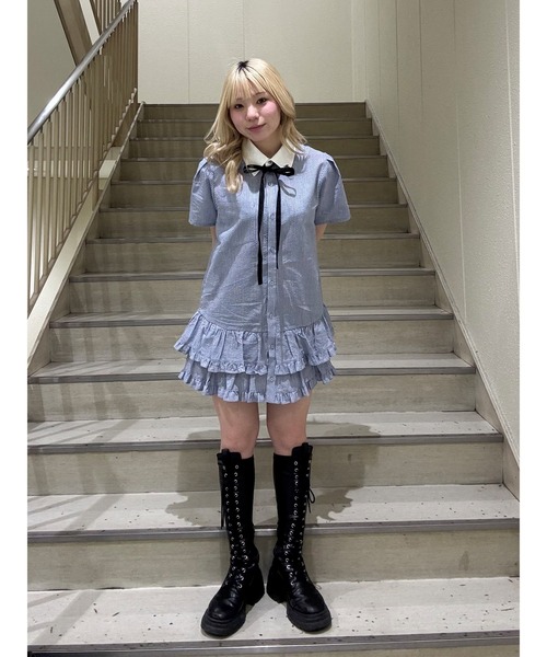 jouetie ワンピース リボンタイヘムフリルチュニックシャツ